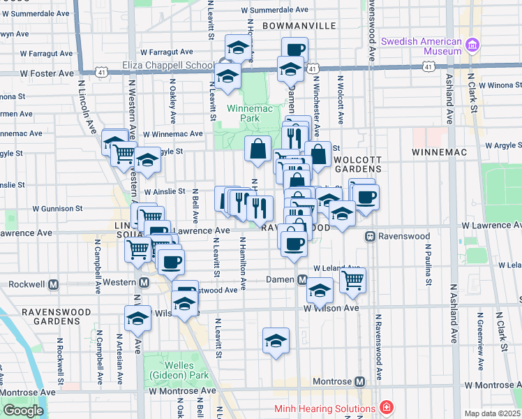 map of restaurants, bars, coffee shops, grocery stores, and more near 4842 North Seeley Avenue in Chicago