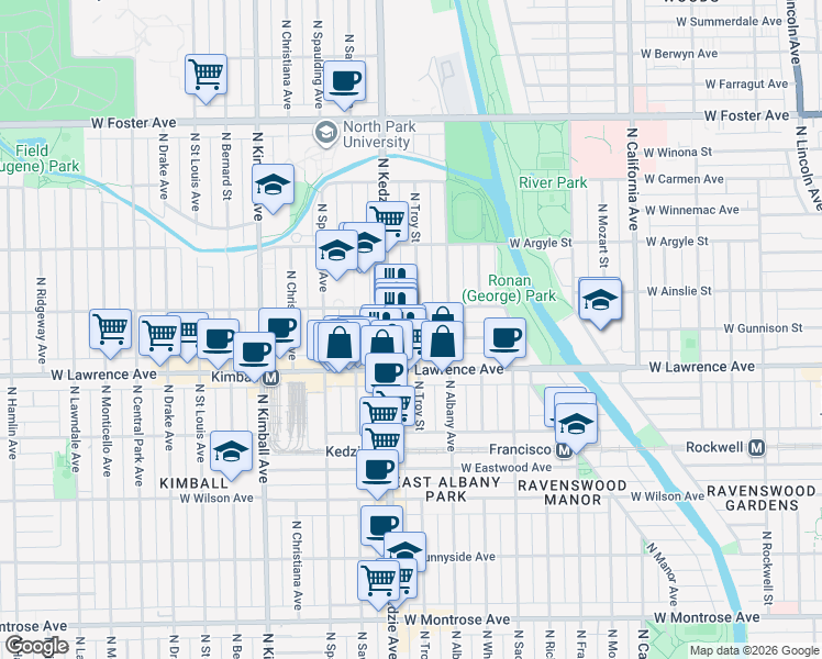 map of restaurants, bars, coffee shops, grocery stores, and more near 4838 North Troy Street in Chicago