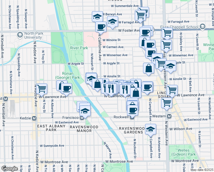map of restaurants, bars, coffee shops, grocery stores, and more near 2726 West Gunnison Street in Chicago