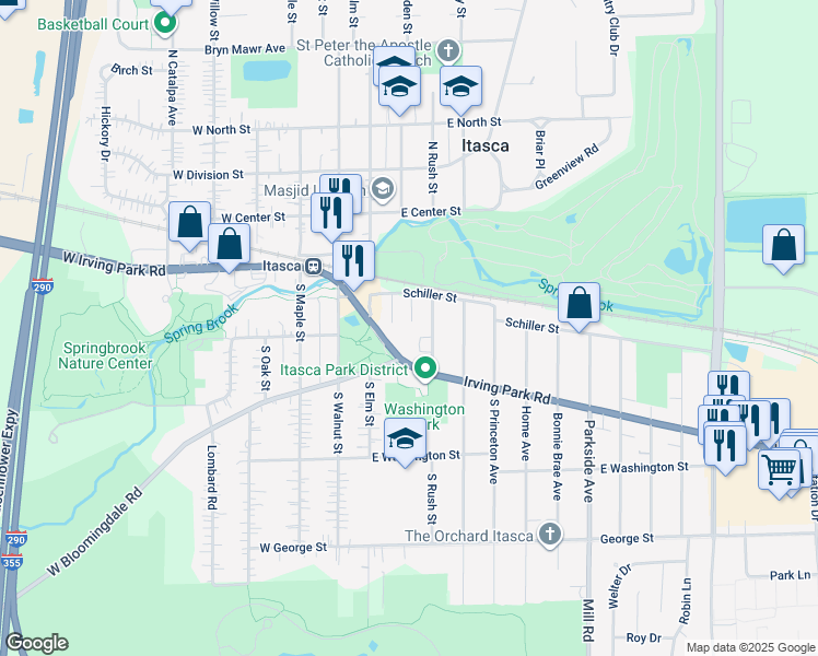 map of restaurants, bars, coffee shops, grocery stores, and more near 220 South Rush Street in Itasca