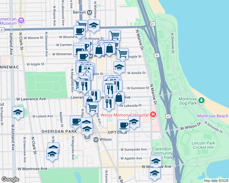 map of restaurants, bars, coffee shops, grocery stores, and more near 4828 North Sheridan Road in Chicago