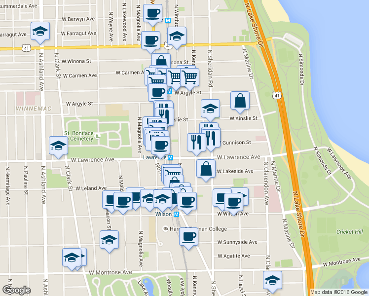 map of restaurants, bars, coffee shops, grocery stores, and more near 4829 North Winthrop Avenue in Chicago
