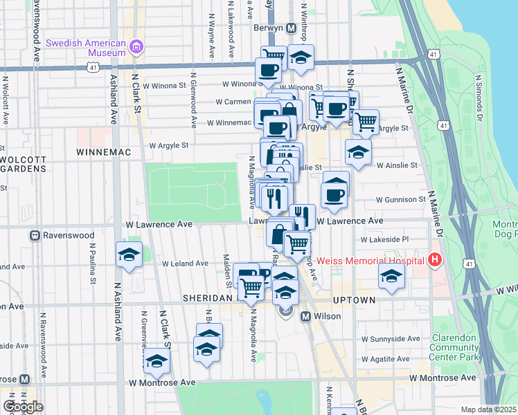 map of restaurants, bars, coffee shops, grocery stores, and more near 4832 North Broadway in Chicago