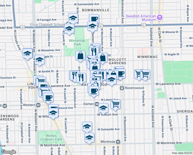 map of restaurants, bars, coffee shops, grocery stores, and more near 4842 North Damen Avenue in Chicago