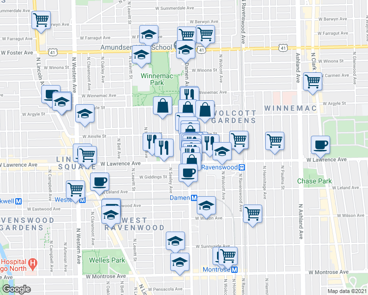 map of restaurants, bars, coffee shops, grocery stores, and more near 4842 North Damen Avenue in Chicago