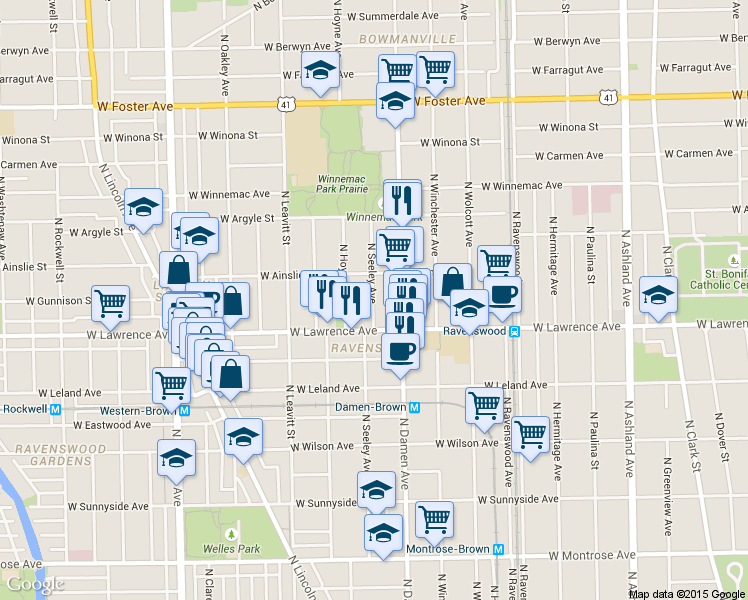 map of restaurants, bars, coffee shops, grocery stores, and more near 4842 North Seeley Avenue in Chicago