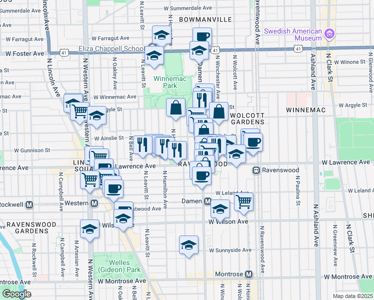 map of restaurants, bars, coffee shops, grocery stores, and more near 4842 North Seeley Avenue in Chicago