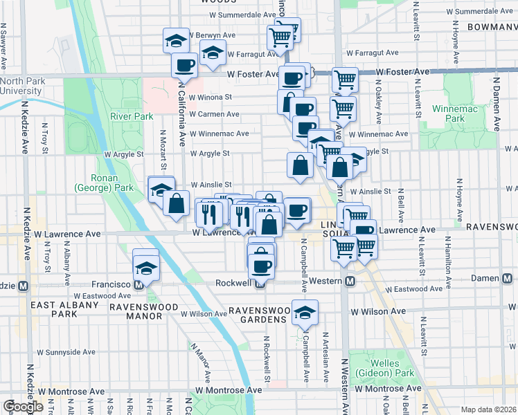 map of restaurants, bars, coffee shops, grocery stores, and more near 4851 North Talman Avenue in Chicago