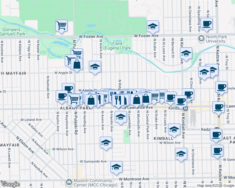 map of restaurants, bars, coffee shops, grocery stores, and more near 4857 North Hamlin Avenue in Chicago