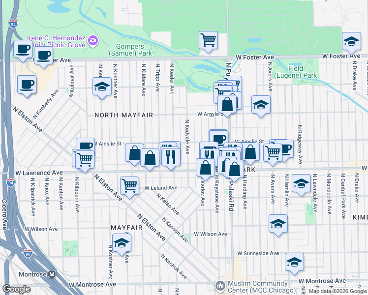 map of restaurants, bars, coffee shops, grocery stores, and more near 4856 North Kedvale Avenue in Chicago