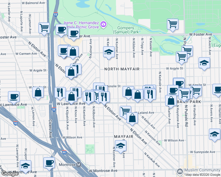 map of restaurants, bars, coffee shops, grocery stores, and more near 4900 West Ainslie Street in Chicago