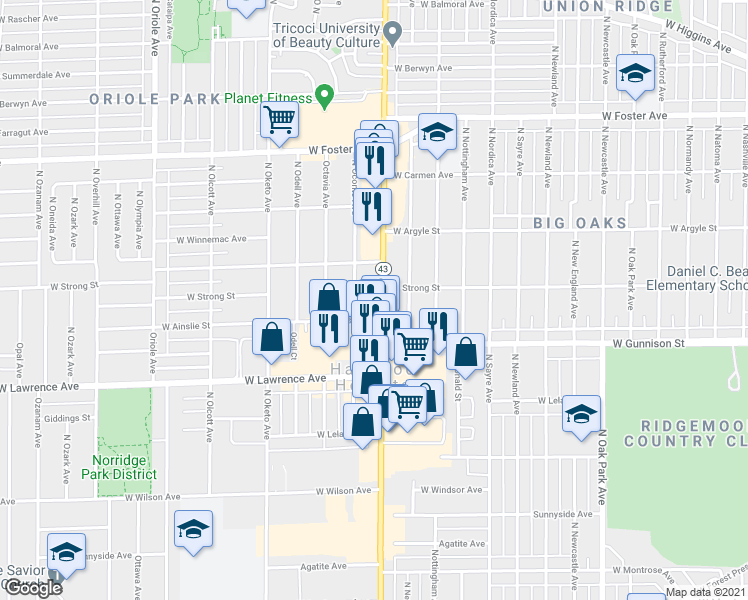 map of restaurants, bars, coffee shops, grocery stores, and more near 4859 North Harlem Avenue in Harwood Heights