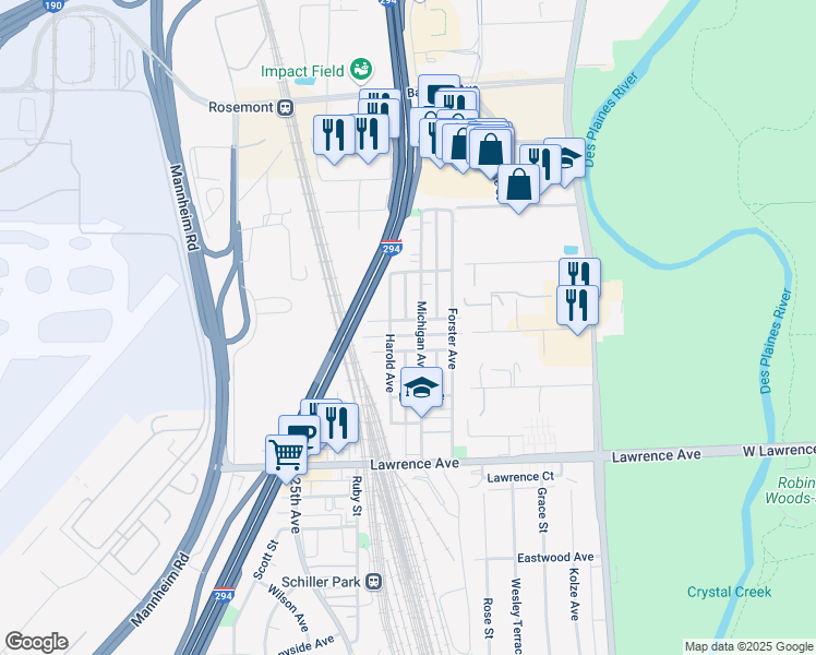 map of restaurants, bars, coffee shops, grocery stores, and more near 5001 Michigan Avenue in Schiller Park