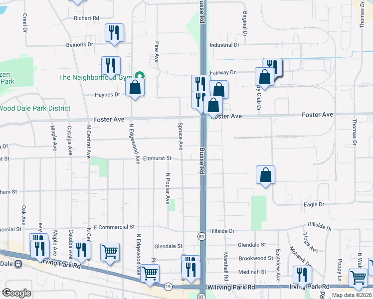 map of restaurants, bars, coffee shops, grocery stores, and more near 1205 Nordic Street in Bensenville