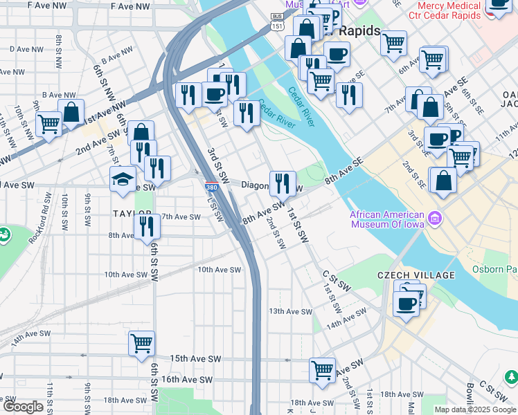 map of restaurants, bars, coffee shops, grocery stores, and more near 712 2nd Street Southwest in Cedar Rapids