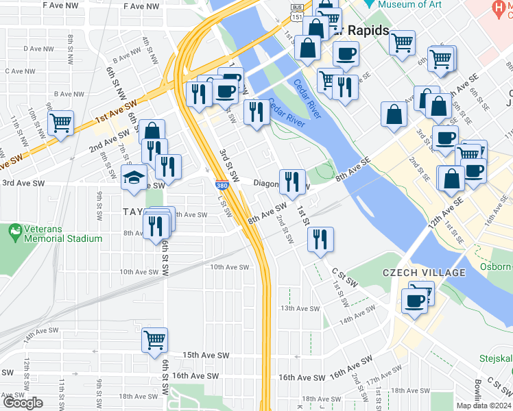 map of restaurants, bars, coffee shops, grocery stores, and more near 712 2nd Street Southwest in Cedar Rapids