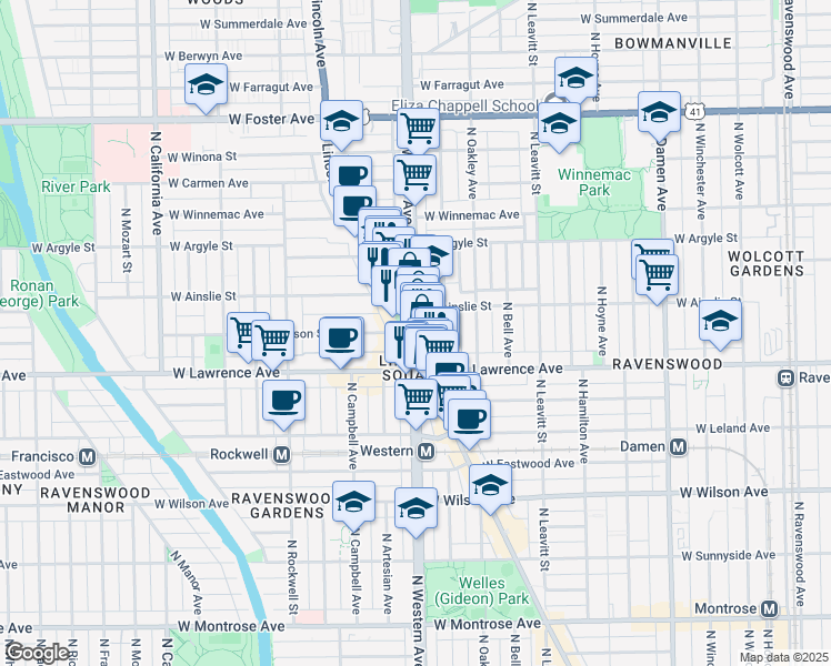 map of restaurants, bars, coffee shops, grocery stores, and more near West Gunnison Street in Chicago