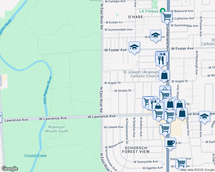map of restaurants, bars, coffee shops, grocery stores, and more near 4939 North East River Road in Norridge