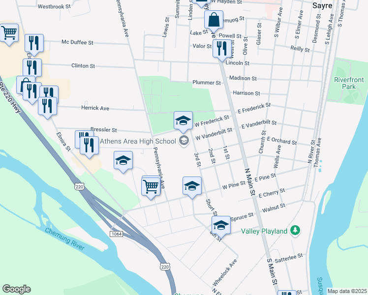 map of restaurants, bars, coffee shops, grocery stores, and more near 401 West Frederick Street in Athens