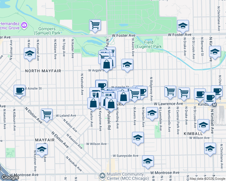 map of restaurants, bars, coffee shops, grocery stores, and more near 3945 West Ainslie Street in Chicago