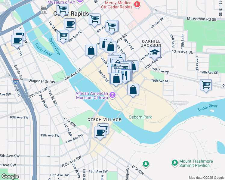 map of restaurants, bars, coffee shops, grocery stores, and more near 1035 2nd Street Southeast in Cedar Rapids