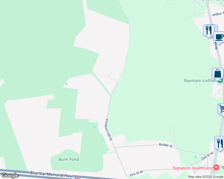 map of restaurants, bars, coffee shops, grocery stores, and more near 324 Prospect Hill Street in Raynham