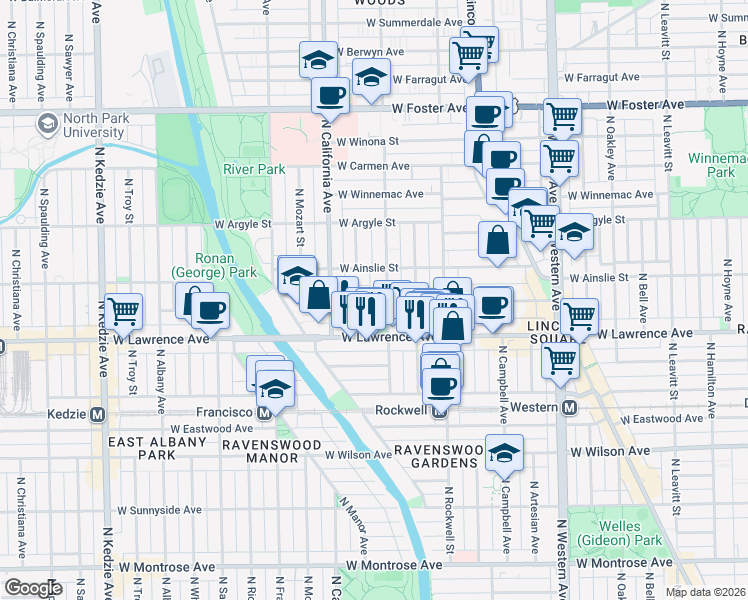 map of restaurants, bars, coffee shops, grocery stores, and more near 2708 West Gunnison Street in Chicago
