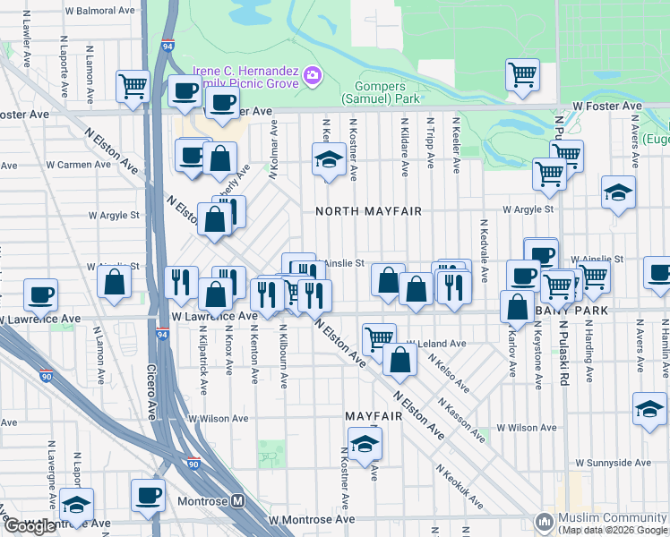 map of restaurants, bars, coffee shops, grocery stores, and more near 4900 West Ainslie Street in Chicago