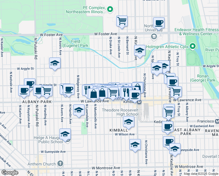 map of restaurants, bars, coffee shops, grocery stores, and more near 4846 North Drake Avenue in Chicago