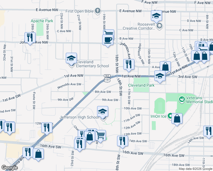 map of restaurants, bars, coffee shops, grocery stores, and more near 1814 Chandler Street Southwest in Cedar Rapids