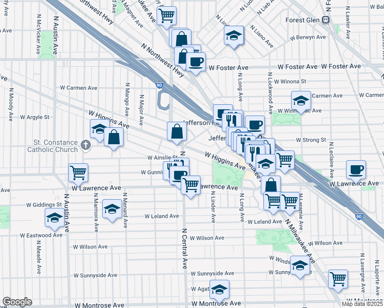 map of restaurants, bars, coffee shops, grocery stores, and more near 5541 West Higgins Avenue in Chicago