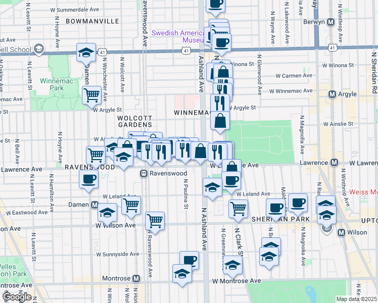 map of restaurants, bars, coffee shops, grocery stores, and more near 4829 North Paulina Street in Chicago