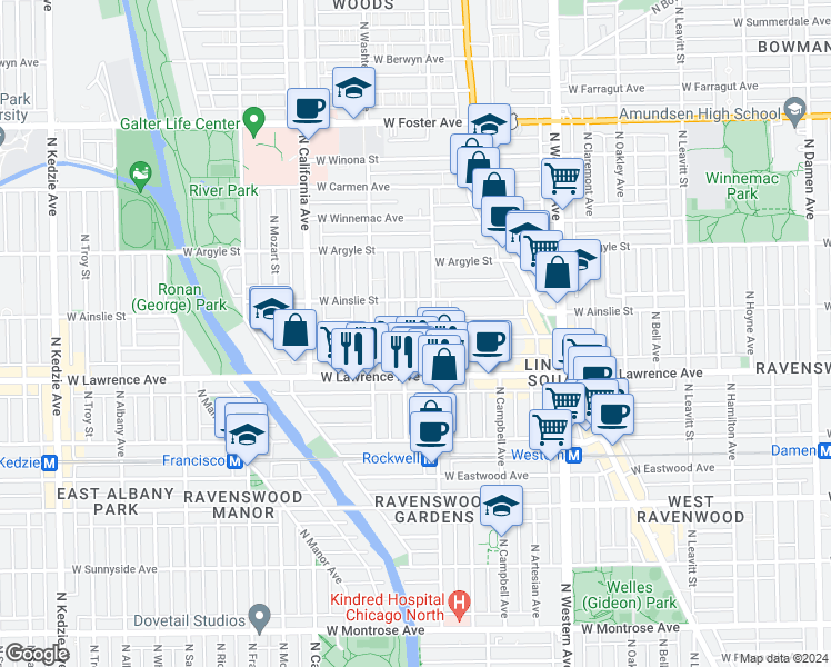 map of restaurants, bars, coffee shops, grocery stores, and more near 2616 West Gunnison Street in Chicago