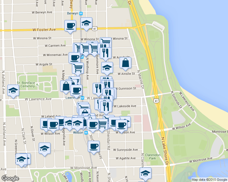 map of restaurants, bars, coffee shops, grocery stores, and more near 939 West Gunnison Street in Chicago