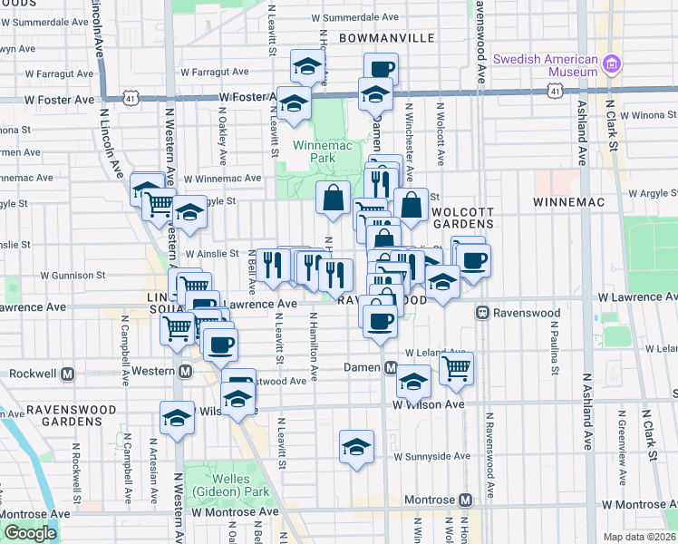 map of restaurants, bars, coffee shops, grocery stores, and more near 4833 North Hoyne Avenue in Chicago