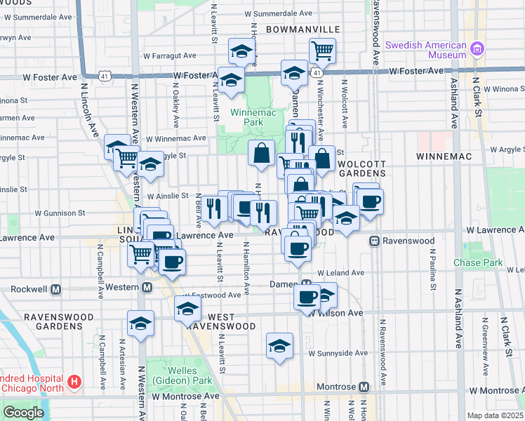 map of restaurants, bars, coffee shops, grocery stores, and more near 4842 North Seeley Avenue in Chicago