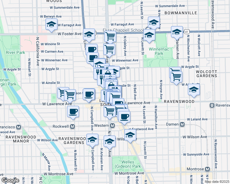 map of restaurants, bars, coffee shops, grocery stores, and more near 4841 North Western Avenue in Chicago