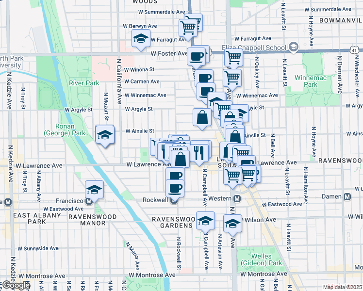 map of restaurants, bars, coffee shops, grocery stores, and more near 2540 West Gunnison Street in Chicago