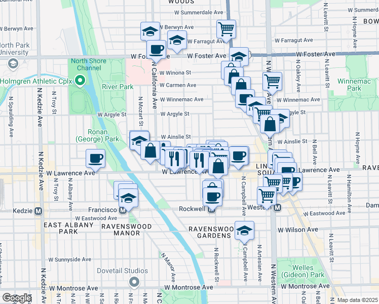 map of restaurants, bars, coffee shops, grocery stores, and more near 4851 North Washtenaw Avenue in Chicago