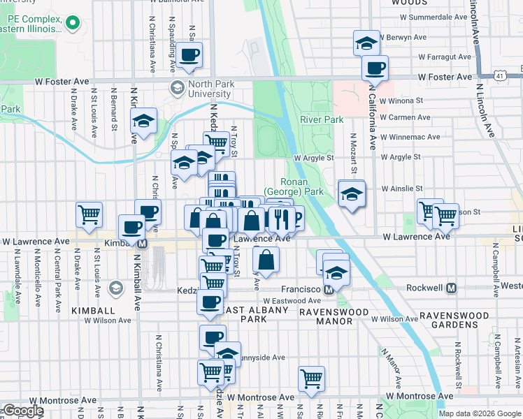 map of restaurants, bars, coffee shops, grocery stores, and more near 4837 North Albany Avenue in Chicago