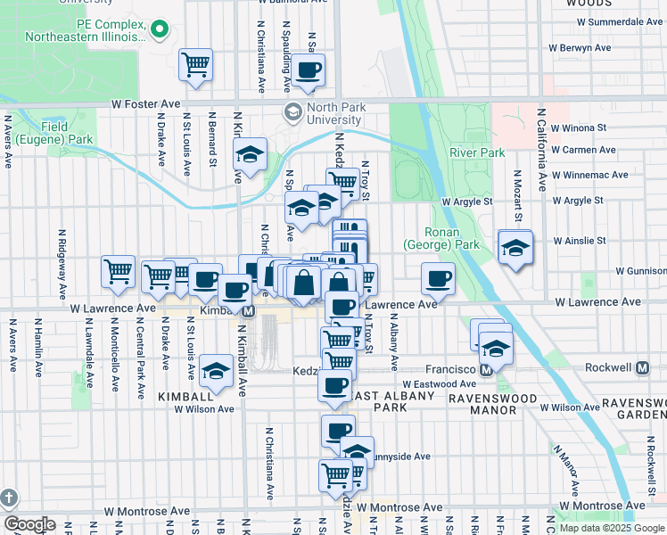 map of restaurants, bars, coffee shops, grocery stores, and more near 4851 North Sawyer Avenue in Chicago