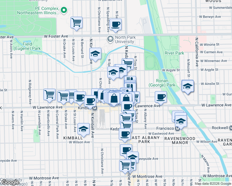 map of restaurants, bars, coffee shops, grocery stores, and more near 4851 North Sawyer Avenue in Chicago