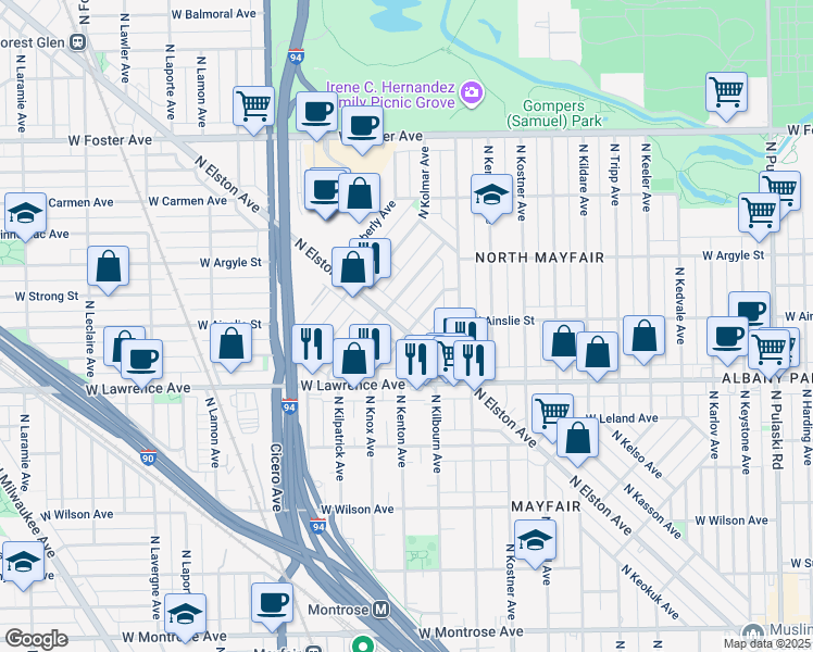 map of restaurants, bars, coffee shops, grocery stores, and more near 4908 North Kentucky Avenue in Chicago