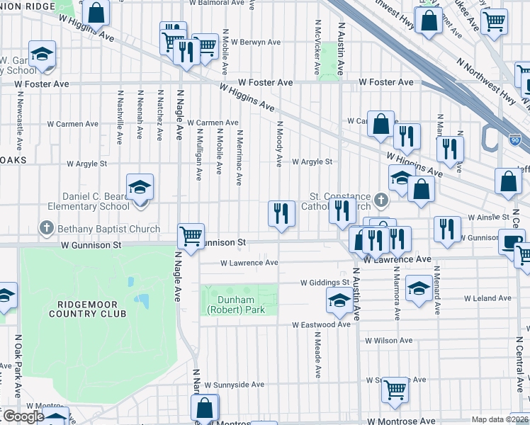 map of restaurants, bars, coffee shops, grocery stores, and more near 4853 North Melvina Avenue in Chicago
