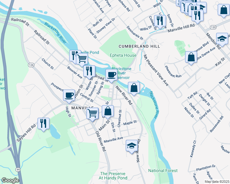 map of restaurants, bars, coffee shops, grocery stores, and more near 30 Main Street in Lincoln