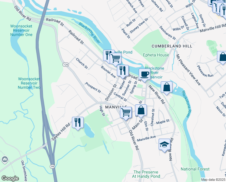 map of restaurants, bars, coffee shops, grocery stores, and more near 117 Central Street in Lincoln