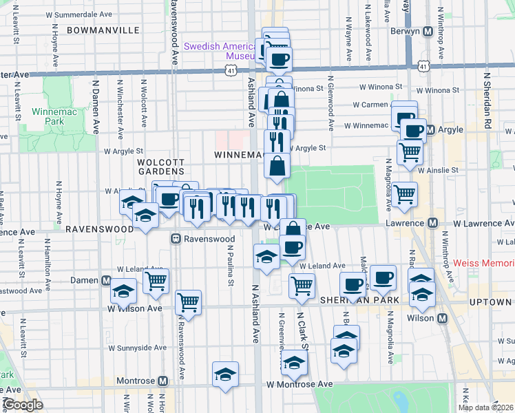 map of restaurants, bars, coffee shops, grocery stores, and more near 4833 North Ashland Avenue in Chicago