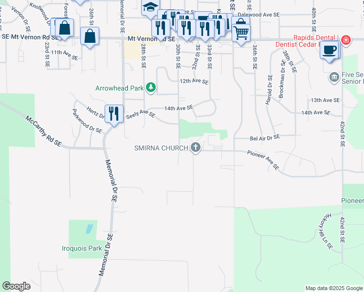 map of restaurants, bars, coffee shops, grocery stores, and more near 3000 Pioneer Avenue Southeast in Cedar Rapids