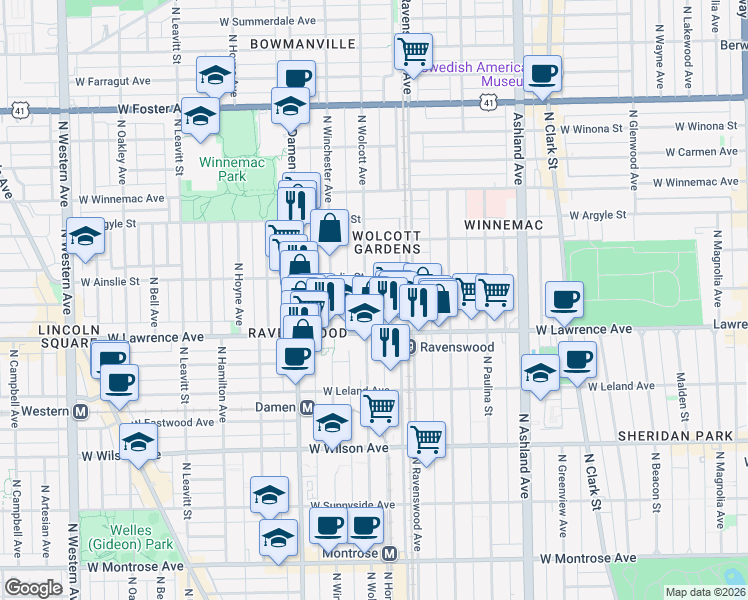 map of restaurants, bars, coffee shops, grocery stores, and more near 4838 North Wolcott Avenue in Chicago