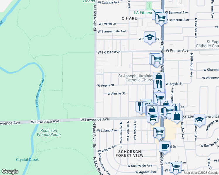 map of restaurants, bars, coffee shops, grocery stores, and more near 8673 West Argyle Street in Norridge